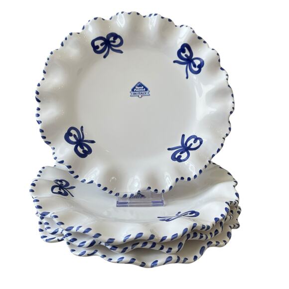 La Ceramica Italy Blue Bow Scalloped Edge Dinner Plates 10.75" Set of 4 New - Picture 7 of 13